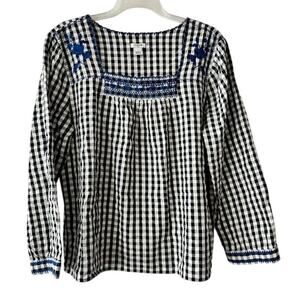 J.Crew Blue Embroidered Gingham Peasant Blouse Cotton Boho Top Size L